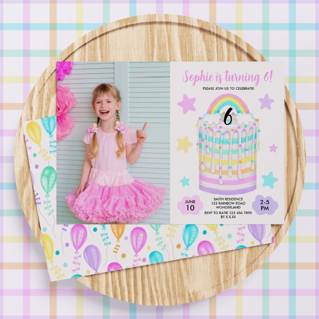 Rainbow Cake Photo Anniversaire Invitation De Fête (Girls' Rainbow Cake Birthday Invitation)