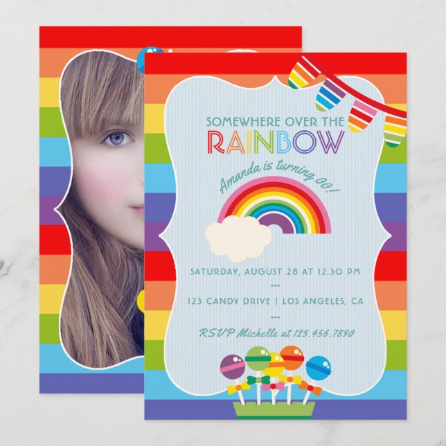 Rainbow Candy Birthday Party - Fotoeinladung Einladung (Vorne/Hinten)