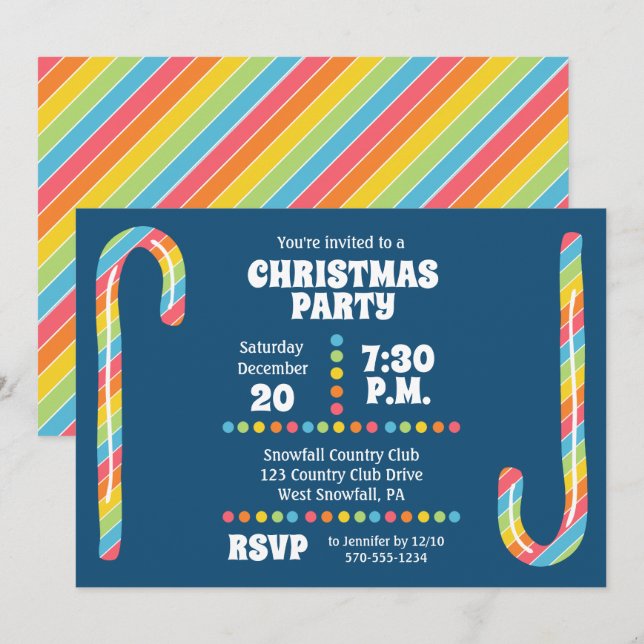 Rainbow Candy Canes Navy Blue Weihnachtsfest Party Einladung (Vorne/Hinten)