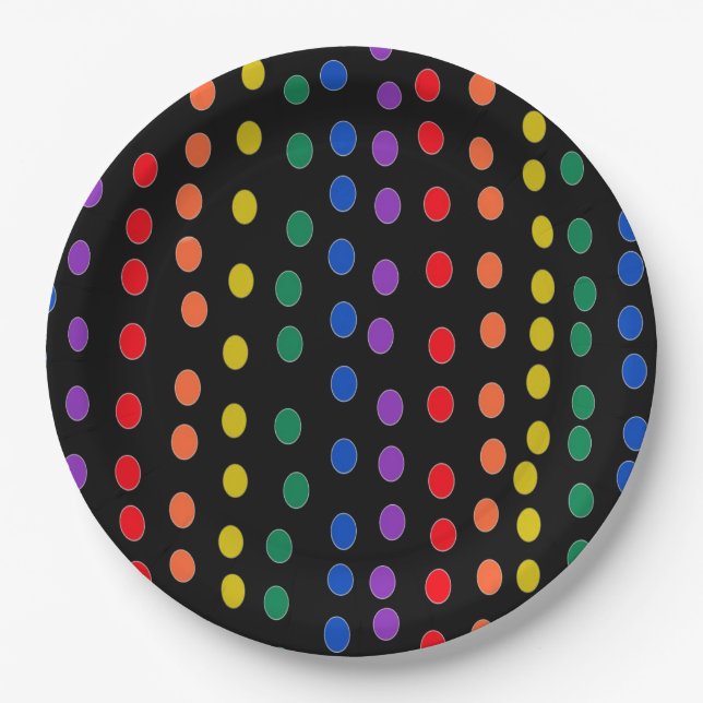 Rainbow Candy Dots auf Schwarz Pappteller (Vorderseite)