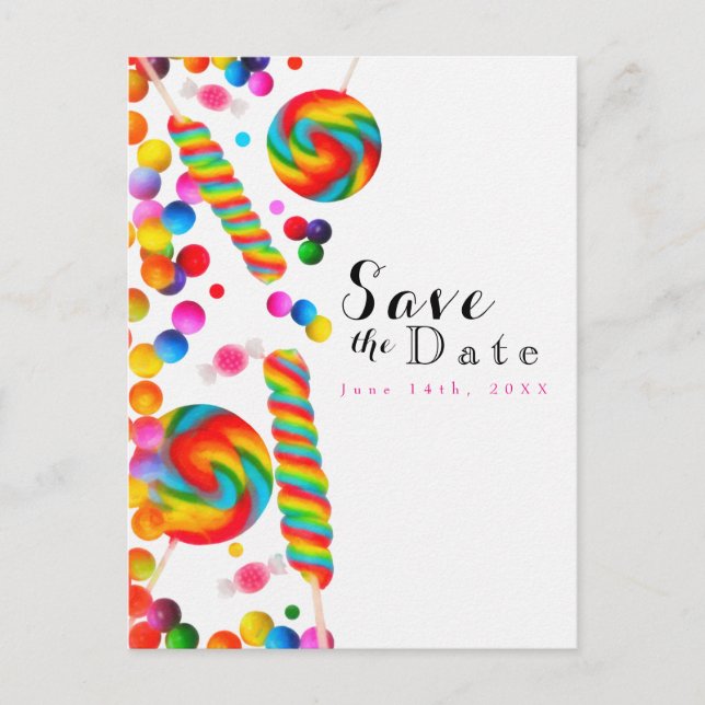 Rainbow Candy Sweet Birthday Party Save the Date Ankündigungspostkarte (Vorderseite)