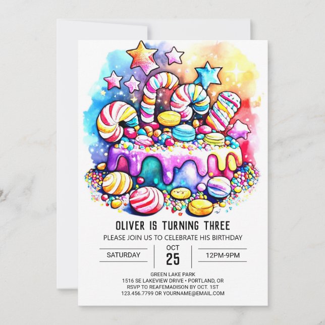 Rainbow Candyland Editable Birthday Einladung (Vorderseite)