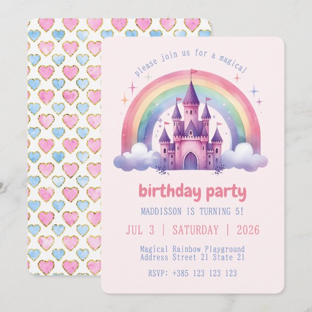 Rainbow Castle Girls Anniversaire Fête Invitation (Devant / Derrière)