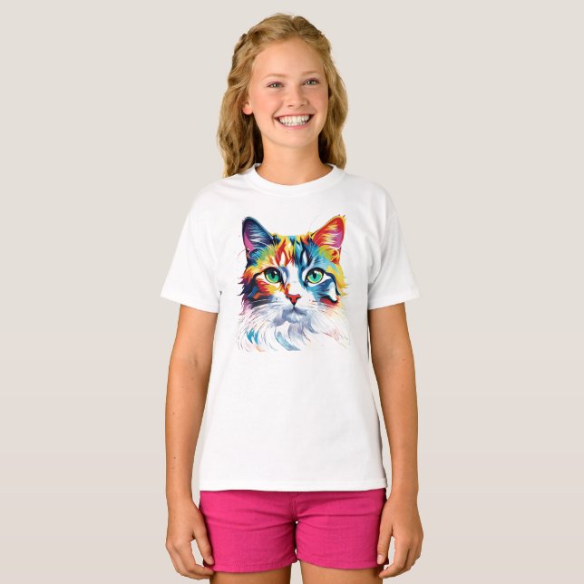 Rainbow Cat Imprimé T-Shirt pour enfants Manche co (Devant entier)