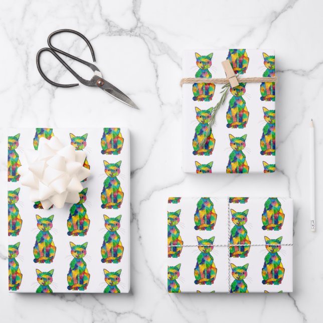 Rainbow Cat Wrapping Paper Set Geschenkpapier Set (Vorderseite)