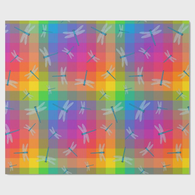 Rainbow Check with Dragonflies Geschenkpapier (Flach)