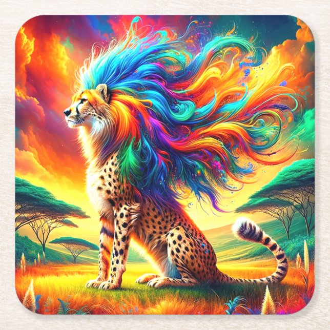 Rainbow Cheetah Rechteckiger Pappuntersetzer (Vorderseite)