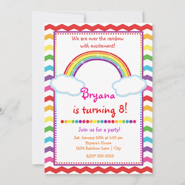 Rainbow Chevron Girls Birthday Party Invitation (Devant)