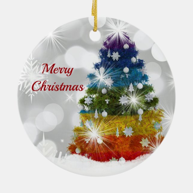Rainbow Christmas Tree Snow Graphic Keramik Ornament (Hinten)