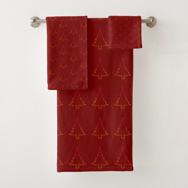 Rainbow Christmas Trees Dark Red Badhandtuch Set (Insitu)