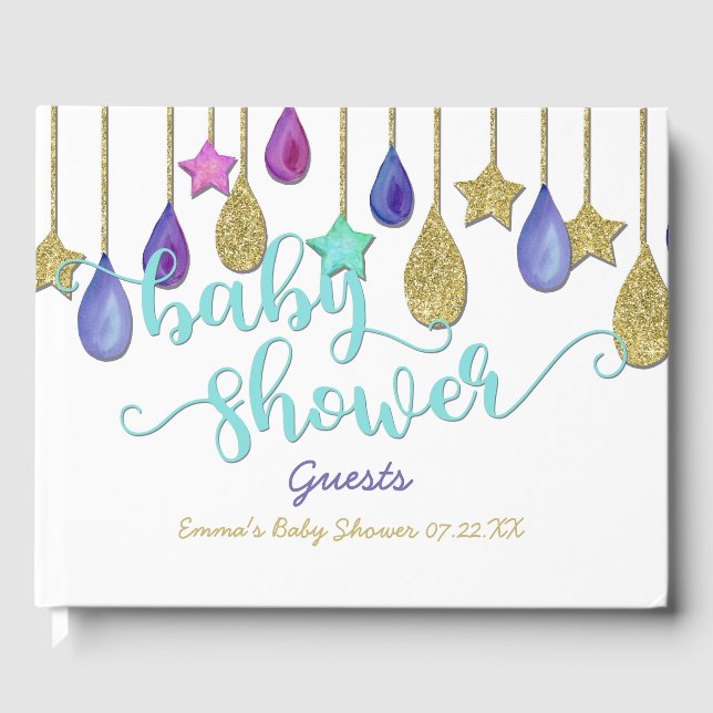 Rainbow Cloud Gold Glitzer Baby Dusche Gästebuch (Vorderseite)