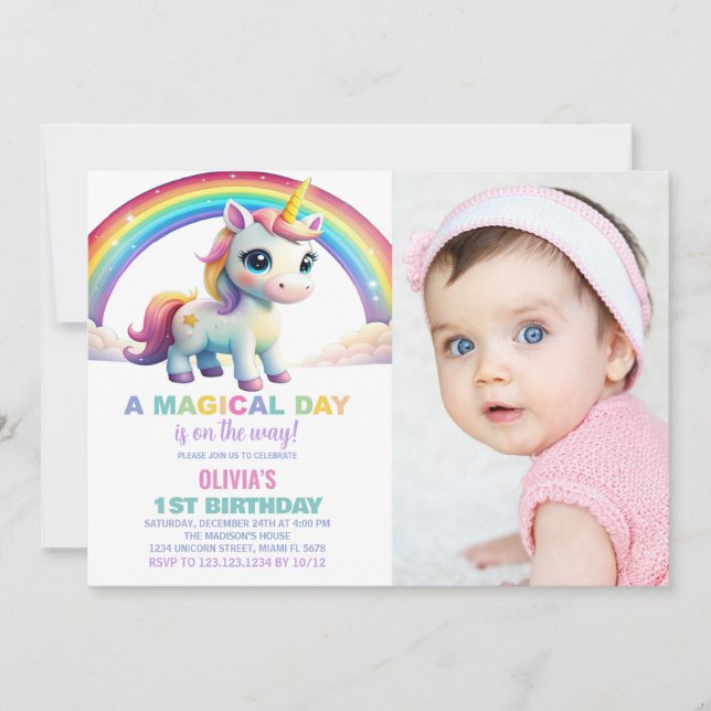 Rainbow Cloud Unicorn Birthday Invitations photo (Devant)