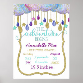 Rainbow Clouds Adventure Baby Girl Birth Stats Poster