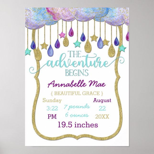 Rainbow Clouds Adventure Baby Girl Birth Stats Poster (Vorne)