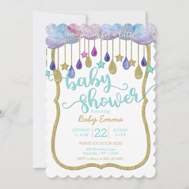 Rainbow Clouds & Gold Stars Baby shower Invitation (Devant)
