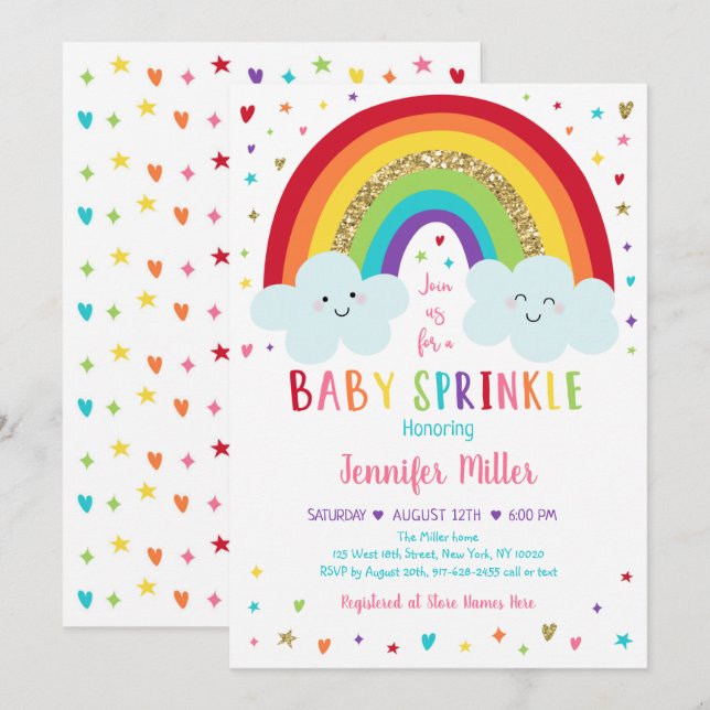 Rainbow Clouds Pink Gold Baby Sprinkle Einladung (Vorne/Hinten)
