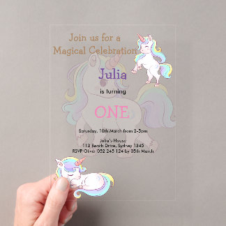 Rainbow color Unicorbaby Mädchen 1. Geburtstag Acryleinladungen