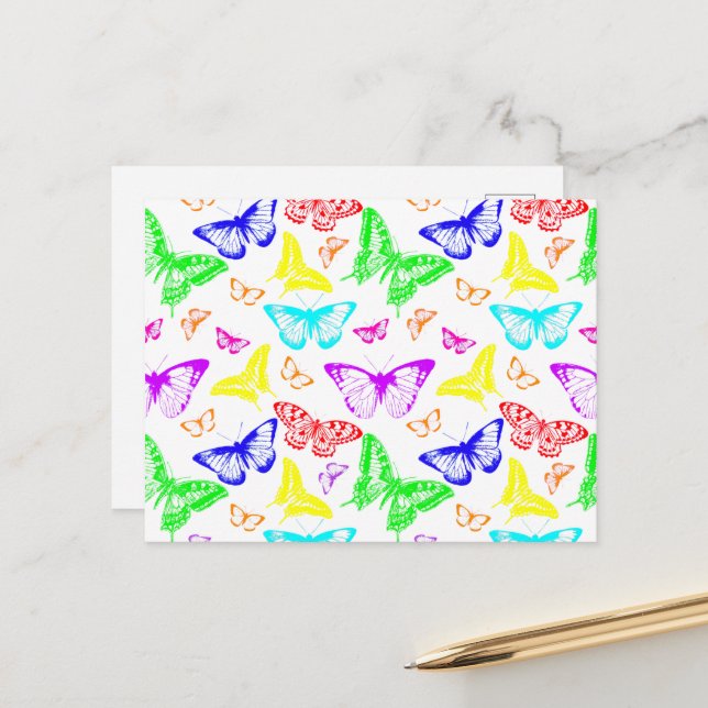 Rainbow Colored Butterflies Flying Postkarte (Vorderseite/Rückseite Beispiel)