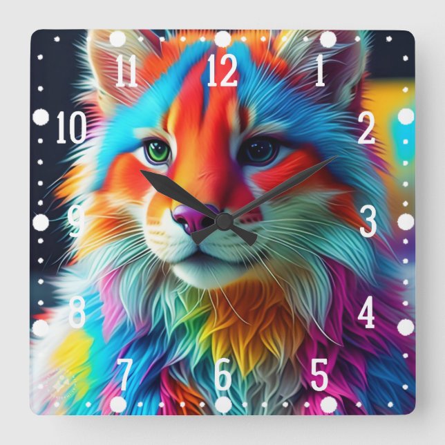 Rainbow Colored Furry Cat-68587 Quadratische Wanduhr (Vorderseite)