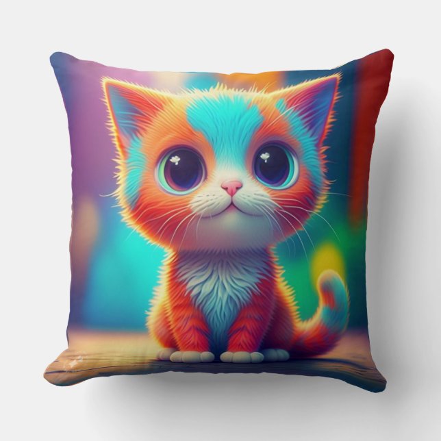 Rainbow Colored Kitten Cartoon Kissen (Vorderseite)