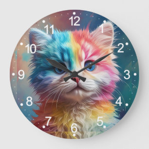 Rainbow Colored Kitten Potrait Große Wanduhr
