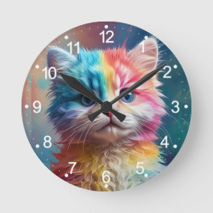 Rainbow Colored Kitten Potrait Runde Wanduhr