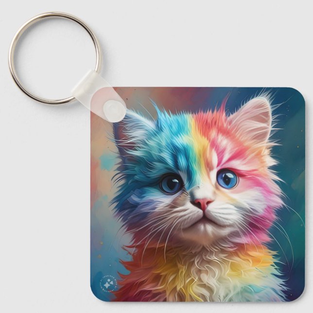 Rainbow Colored Kitten Potrait Schlüsselanhänger (Vorderseite)