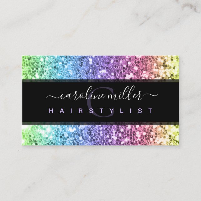 Rainbow Colorful Glitzer Monogram Beauty Salon Visitenkarte (Vorderseite)