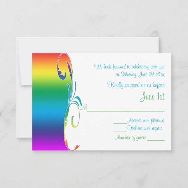 Rainbow Colors Scrolled Wedding Repcard RSVP Karte (Vorderseite)