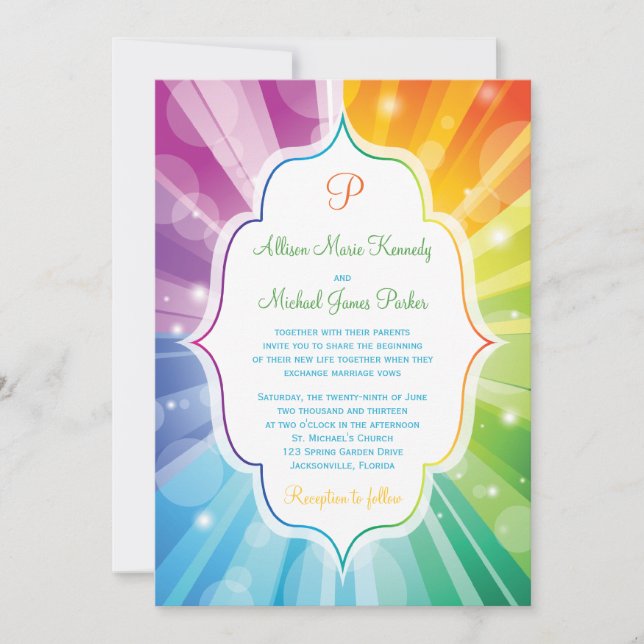 Rainbow Colors Striped Sunburst Wedding Einladung (Vorderseite)