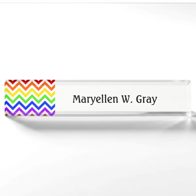 Rainbow Colors, White Large Zickzack ZigZag Muster Namensplakette (Vorderseite)