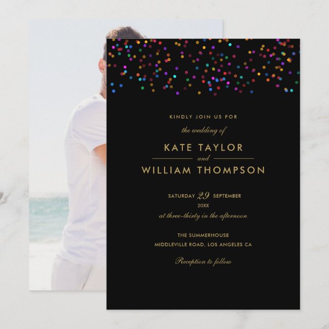 Rainbow Confetti Black and Gold Foto Wedding Einladung (Vorne/Hinten)
