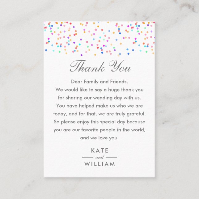 Rainbow Confetti Colorful Wedding Vielen Dank Platzkarte (Vorderseite)