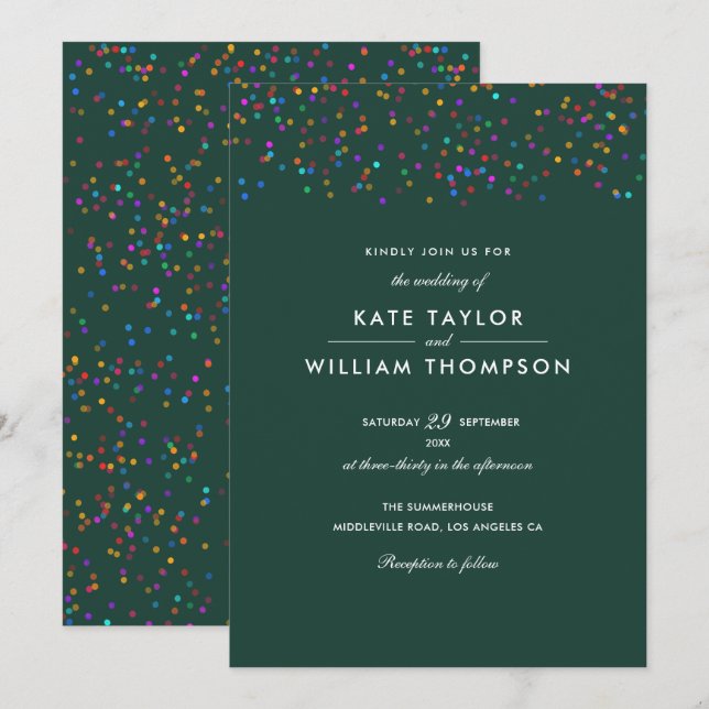 Rainbow Confetti Emerald Green Wedding Einladung (Vorne/Hinten)