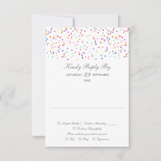 Rainbow Confetti Minimalistisch Wedding RSVP Karte (Vorderseite)