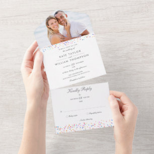 Rainbow Confetti Monogram Foto Wedding All In One Einladung
