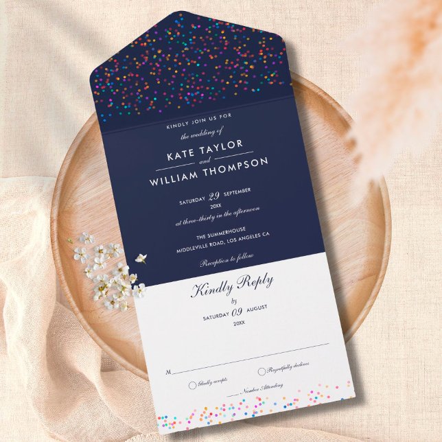 Rainbow Confetti Navy Blue Monogram Wedding All In One Einladung (Von Creator hochgeladen)