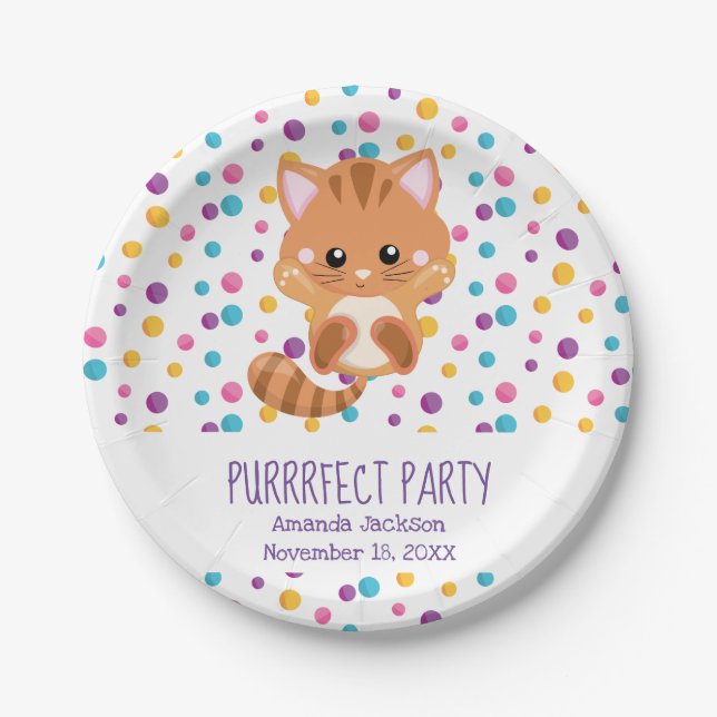 Rainbow Confetti Niedlich Cat Puurfect Birthday Pa Pappteller (Vorderseite)