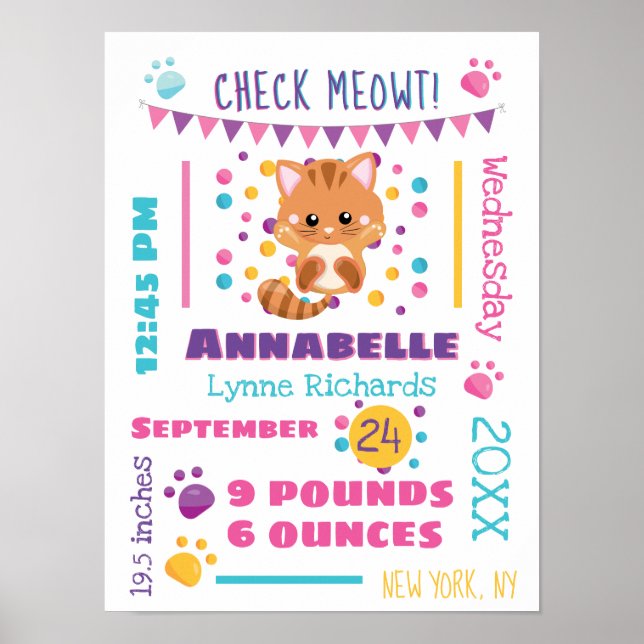 Rainbow Confetti Niedlich Kitty Cat Baby Birth Sta Poster (Vorne)