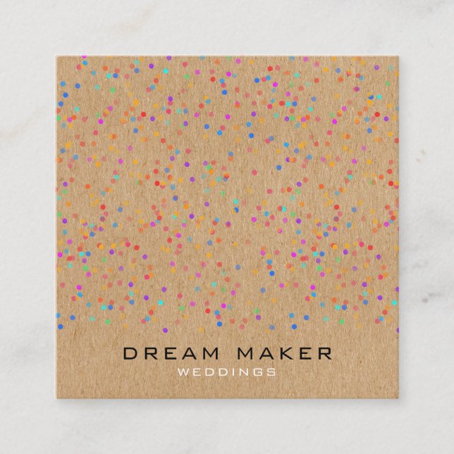 Rainbow Confetti Rustic Kraft Quadratische Visitenkarte (Vorderseite)