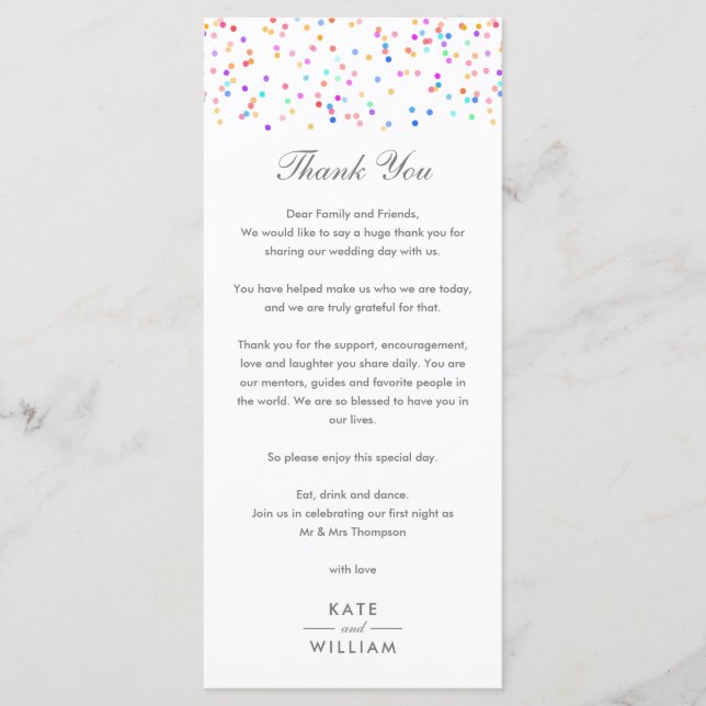Rainbow Confetti Wedding Danke Platzkarte Menükarte (Vorderseite)