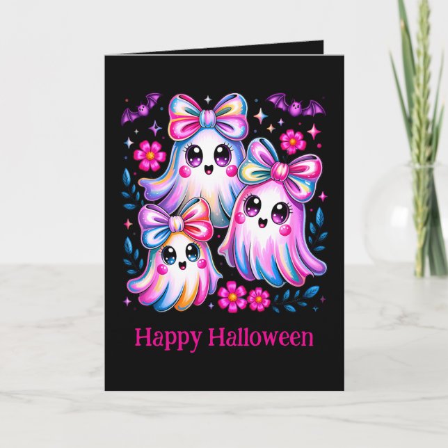 Rainbow Coquette Ghosts Hot Pink Happy Halloween Karte (Vorderseite)