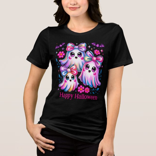 Rainbow Coquette Ghosts Hot Pink Happy Halloween Tri-Blend Shirt (Vorderseite)