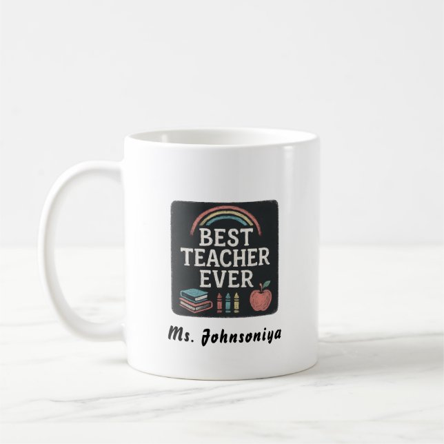 Rainbow-Crayon-Apfel-Schwarz-Abzeichen-Bester-Lehr Kaffeetasse (Links)