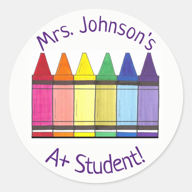 Rainbow Crayon Personalisiert A+ Student Art Teach Runder Aufkleber (Vorderseite)
