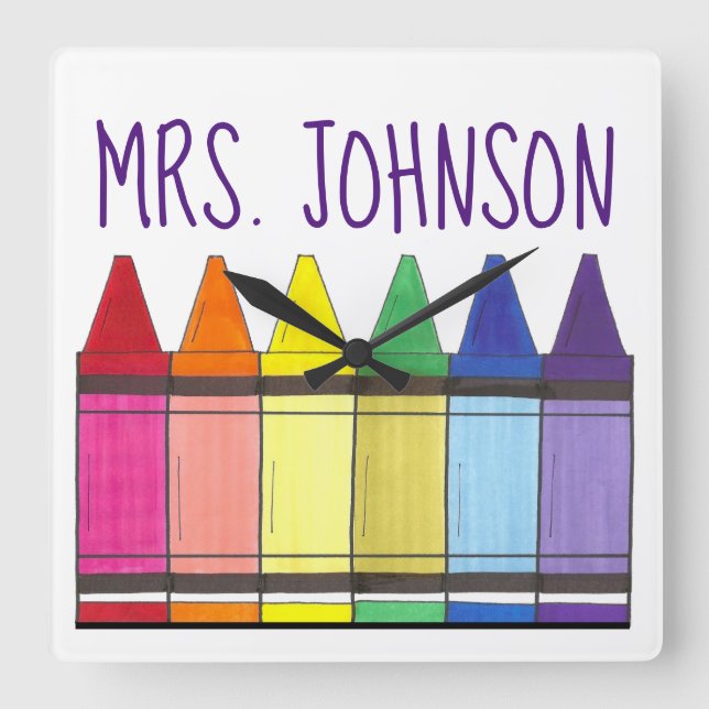 Rainbow Crayons School Teacher Art versorgt Pride Quadratische Wanduhr (Vorderseite)
