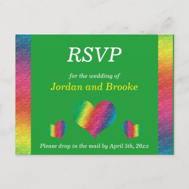 [Rainbow Crinkle Mariage] Coeurs carte RSVP verte (Devant)