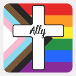 Rainbow Cross Progress Pride Flag-Allianz Quadratischer Aufkleber