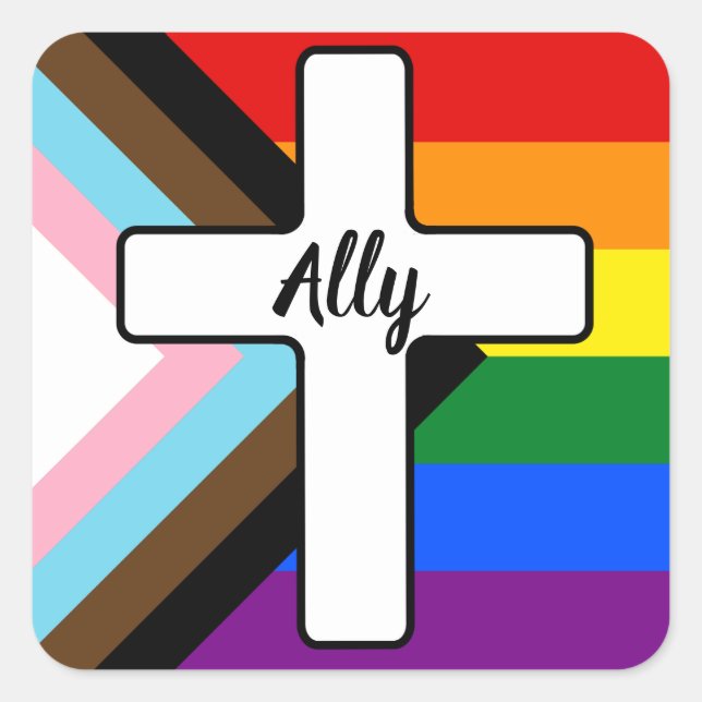 Rainbow Cross Progress Pride Flag-Allianz Quadratischer Aufkleber (Vorderseite)