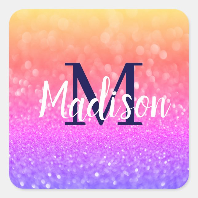 Rainbow Custom Glitzern Name Personalisiert Quadratischer Aufkleber (Vorderseite)